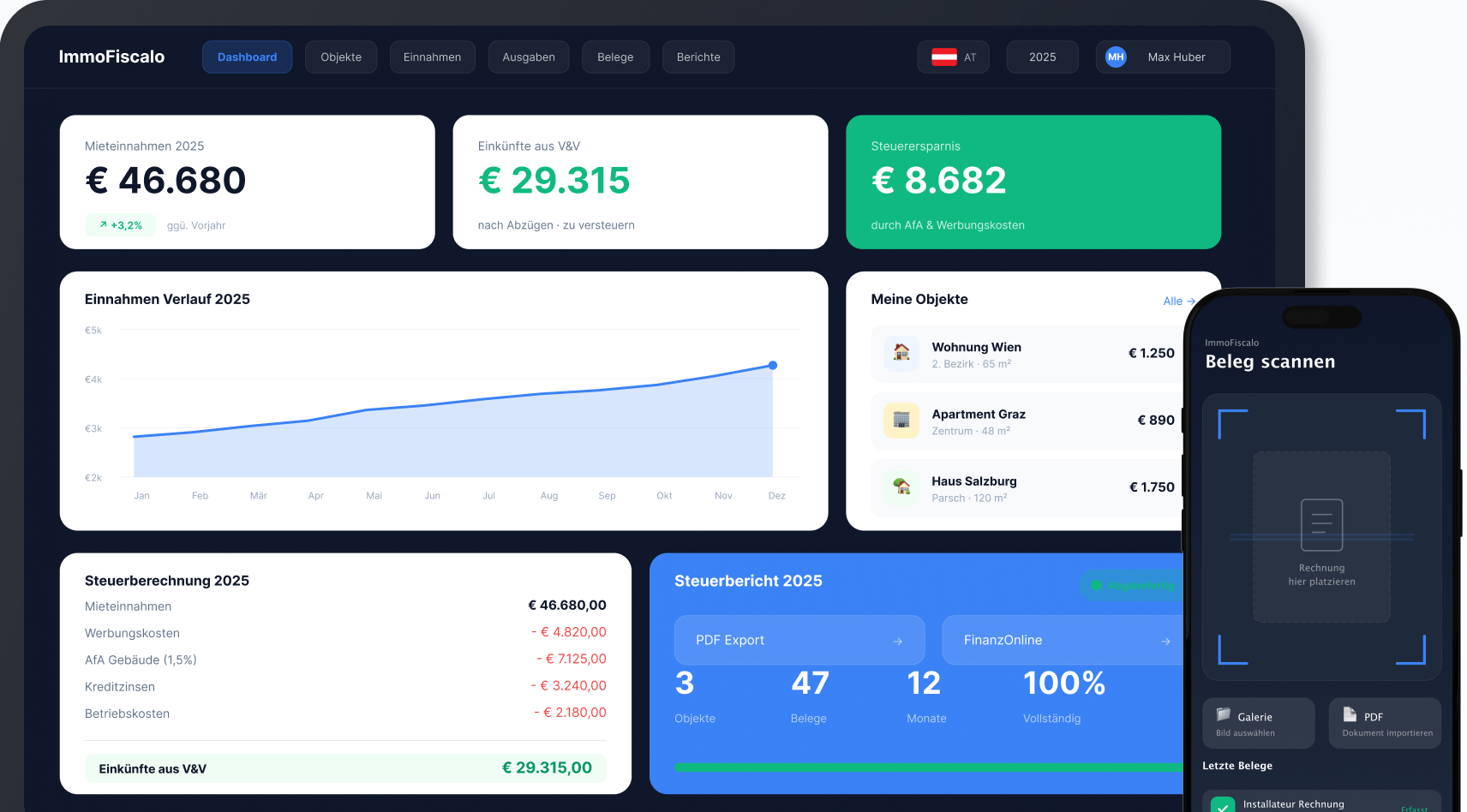 ImmoFiscalo Dashboard mit Steuerberechnung, Mieteinnahmen, Kostenübersicht, Steuerübersicht und Belegscanner für Immobilienverwaltung